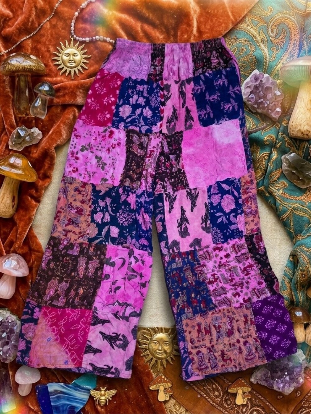 Vtg Boho Patchwork Wide Leg Pants Elastic Waist Floral Block Print Pink Purple